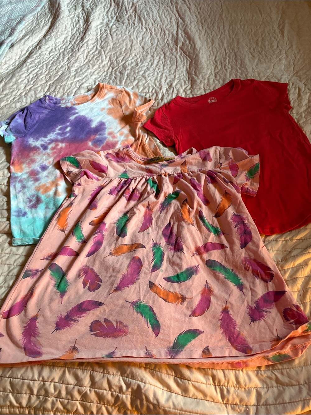Girls Feather Print Pink Dress + Tie-Dye & Red Tees Set